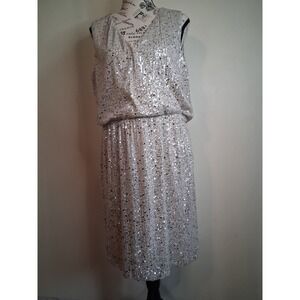 Rock & Shine Silver Sequin Blouson Midi Dress Sleeveless V-Neck Party Glam